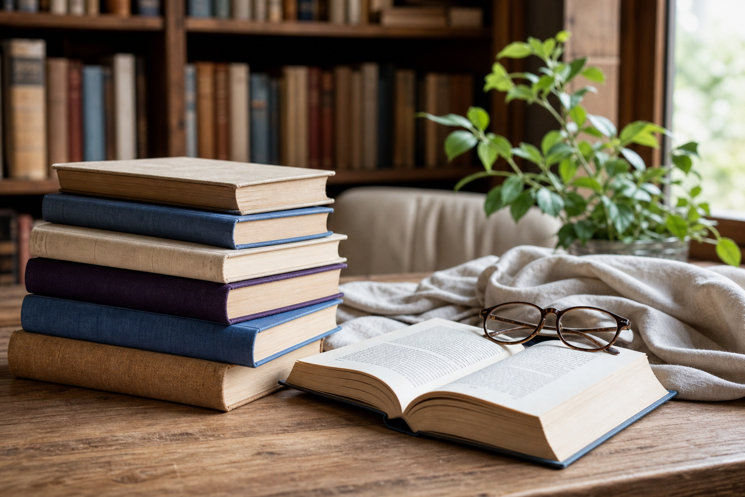 Stos książek i otwarta książka w domowej bibliotece